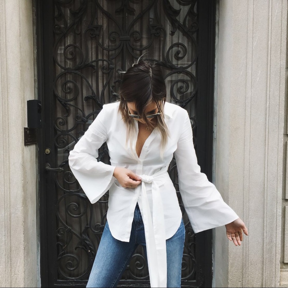 C/MEO Collective White Button Down Tie Waist Shirt